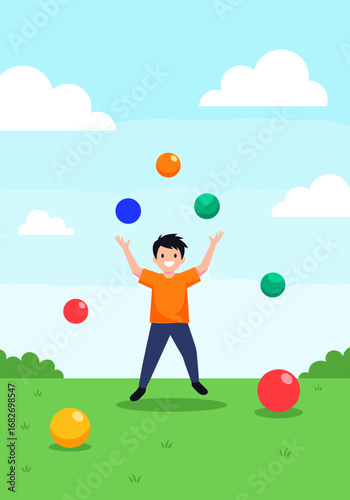 Skilled young boy enjoys performing a challenging juggling act with colorful balls in a sunny park during daytime