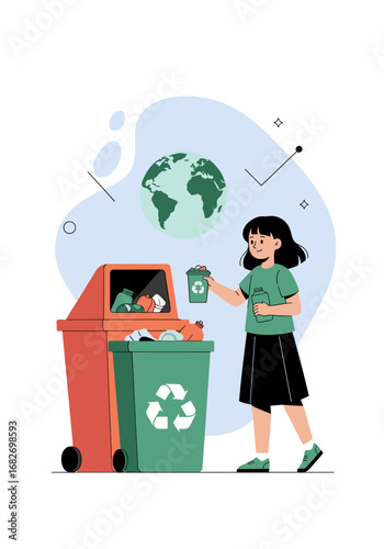 Girl actively participating in waste separation and environmental protection efforts around the globe