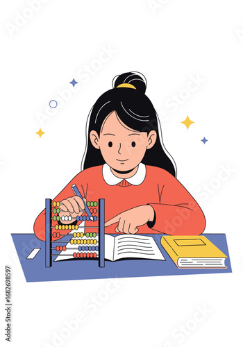 A young girl diligently practices her arithmetic using an abacus in a brightly lit study environment