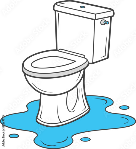 Vector art of cartoon illustration of a leaking toilet with a puddle of water around it