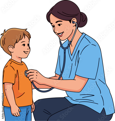 a pediatric nurses gentle care examining a childs heartbeat with a stethoscope, isolated on transparent background