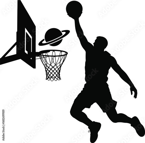 Basketball player dunking on a planet with ring silhouette