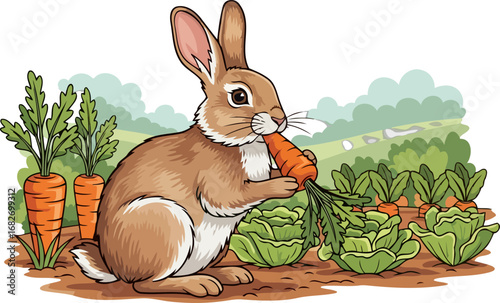 adorable bunny rabbit enjoying a crunchy carrot in its garden patch, isolated on transparent background
