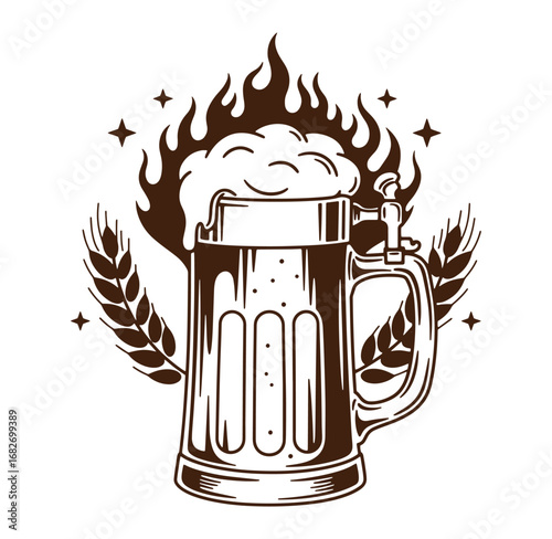 Vintage beer mug design with wheat flames and stars for brewery or oktoberfest celebration