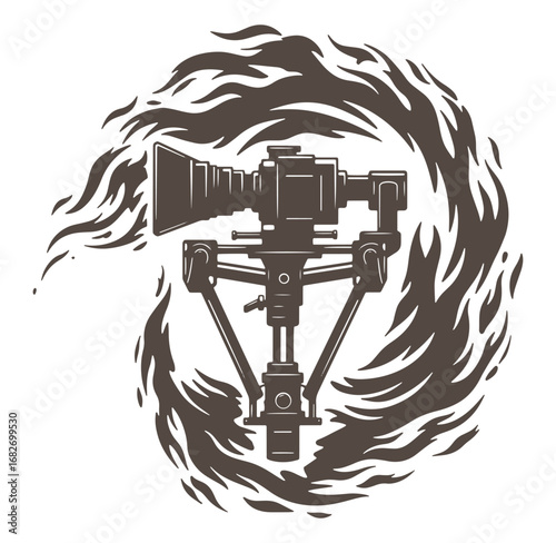 Vintage camera mounted on gimbal surrounded by swirling artistic element