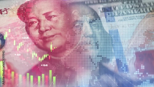 Global Finance Dynamics Chinese Yuan and US Dollar in Stock Market Graphs Reflecting International Trade, Investment, and Economic Connections in Global Economy and Currency Exchange Trends
