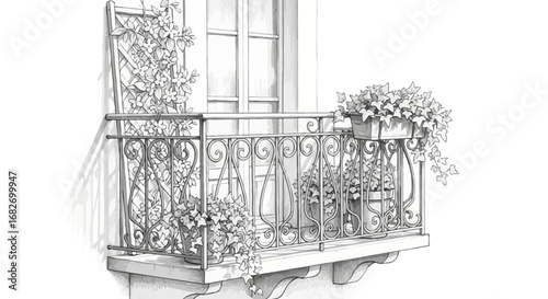 Architectural illustration showcasing a balcony adorned with potted plants