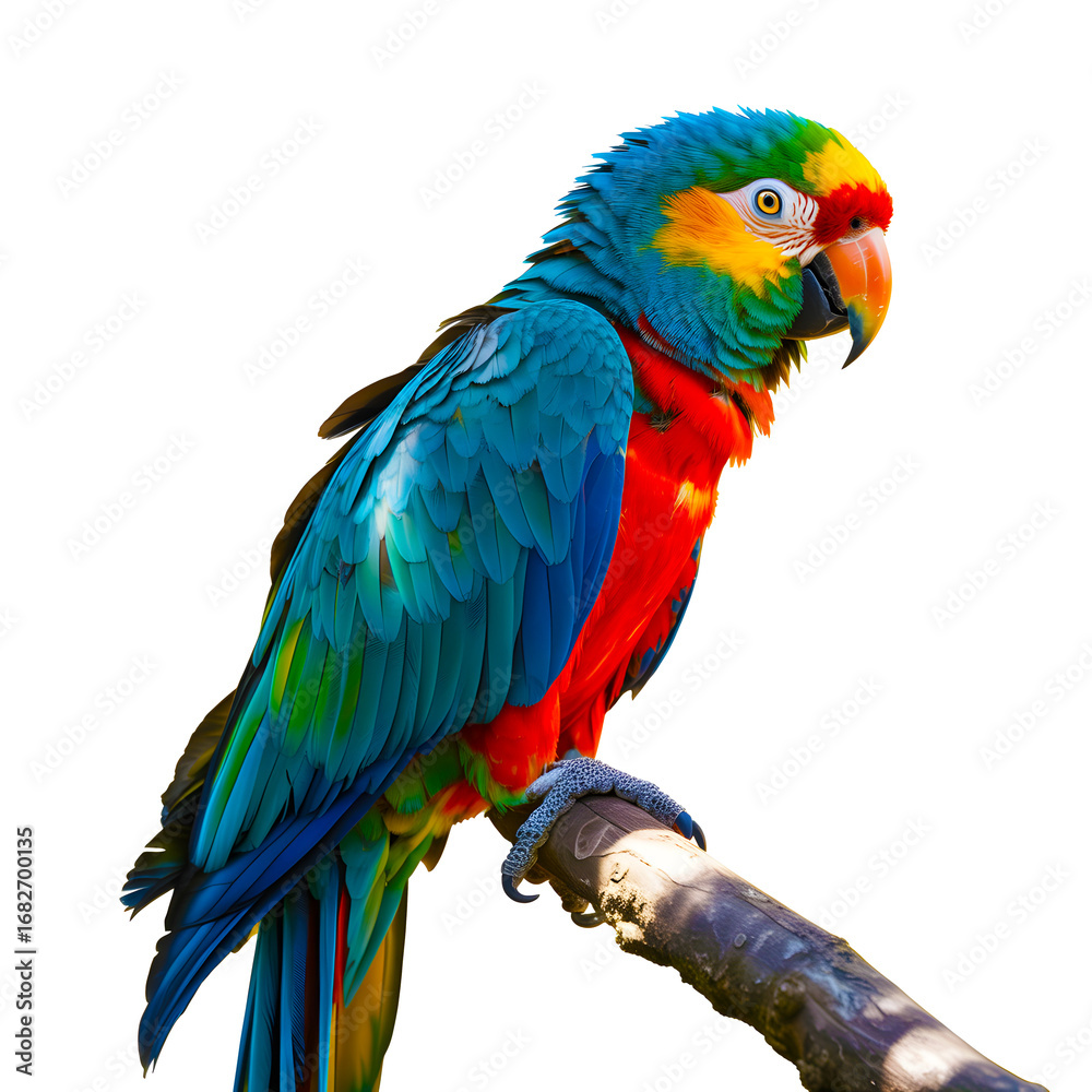 Fototapeta premium Vibrant macaw parrot perched on a branch isolated transparent background