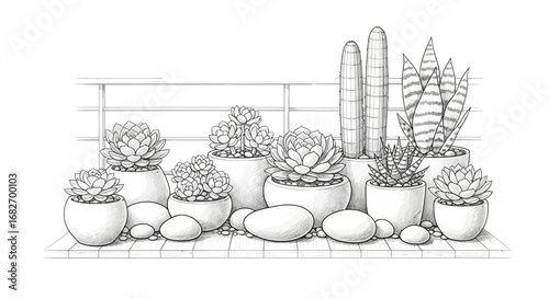 Artistic Sketch of Succulent Plants on Wooden Tiles with white background