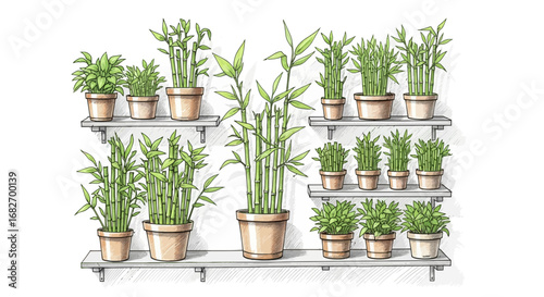 Assorted potted plants on shelves creating a garden indoors aesthetic