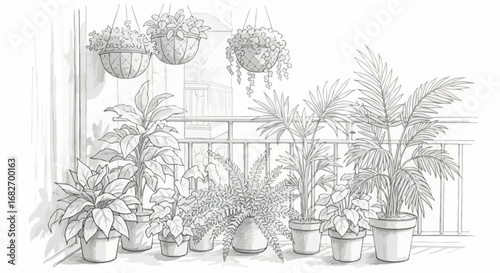 Balcony adorned with various potted plants and hanging greenery sketches