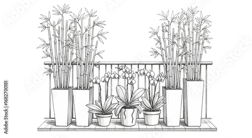 Balcony design with bamboo and orchid plants on a bright day illustration
