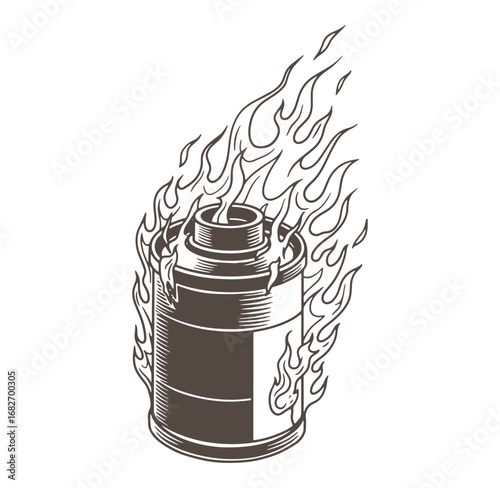 Vintage illustration of a burning aerosol can with stylized flames and retro design