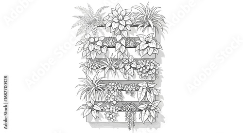 Black and white line art illustration of a vertical garden design