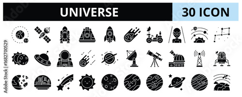 30 Universe Glyph Icons Vector - Orbit, Rocket, Alien, Telescope, Sun, Moon, Atmosphere, Antenna, Meteor Rain 