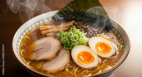 Steaming bowl of delicious ramen with tender pork, soft-boiled eggs, and fresh green onions