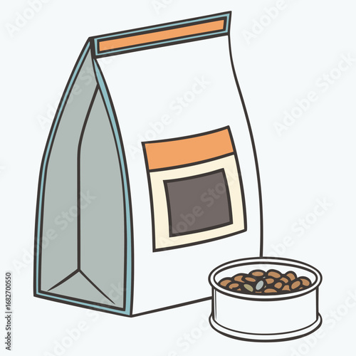 Vector art of a bag of dry pet food with a bowl of kibble next to it, isolated on a light grey background