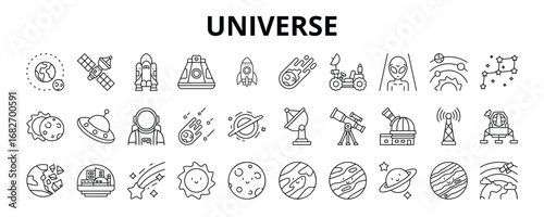 30 Universe Line Icons Vector - Orbit, Rocket, Alien, Telescope, Sun, Moon, Atmosphere, Antenna, Meteor Rain 
