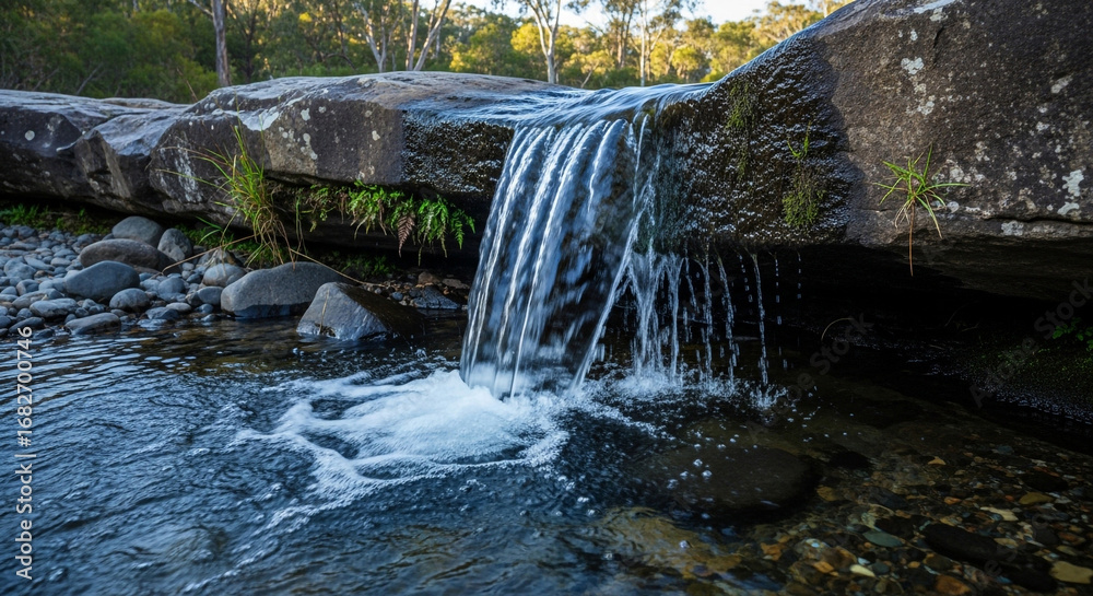 Obraz premium Serene waterfall cascades over mossy rocks into clear river, natural tranquil outdoor scene