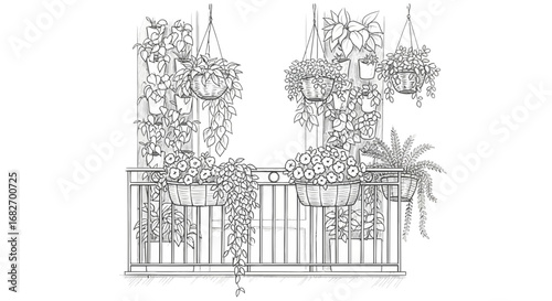 Charming Balcony Adorned with Lush Hanging Plants and Blooming Flowers