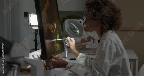 Painting conservators working in the laboratory