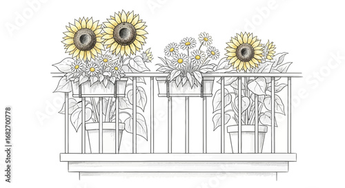 Charming balcony adorned with vibrant sunflowers and daisies in pots, idyllic scenery