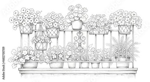 Charming balcony adorned with various flowering plants in sketch illustration