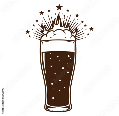 Vintage illustration of a glass of beer with star burst design for celebration and cheers