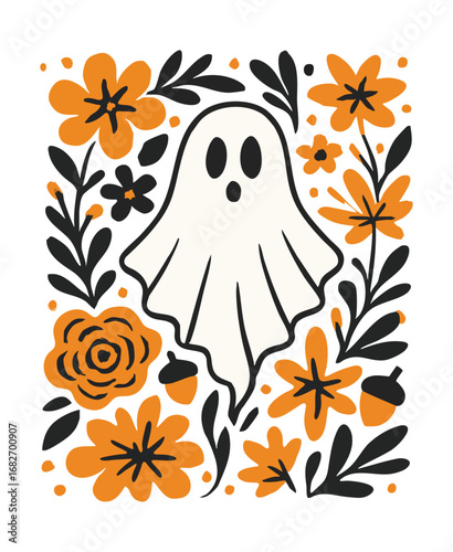 White ghost surrounded by orange flowers and black leaves halloween autumn
