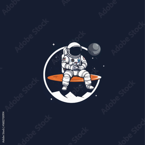 Contemplative Astronaut Sits on a Floating Platform in Space with Distant Planet