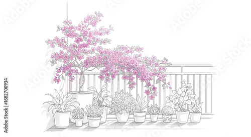 Charming balcony illustration with blooming bougainvillea and potted plants