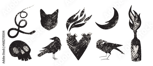 Vector set of neofolk elements. Hand-drawn skull, raven, and other mystical symbols with a rough, distressed texture.