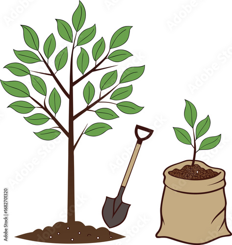 Illustration of a young tree being planted next to a larger tree with a shovel