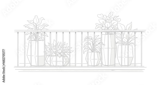 Delicate line drawing of potted plants on a balcony railing illustration
