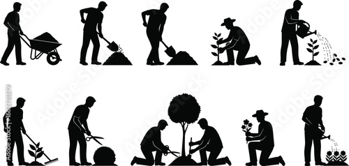 Gardening silhouette vector set of people doing garden activities
