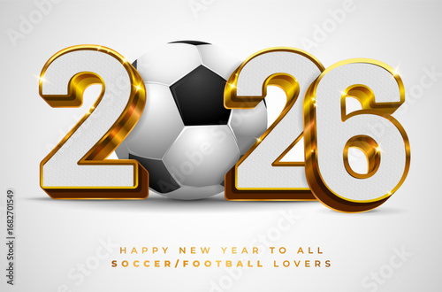 3D golden shiny inscription 2026 with textured filling and soccer or football ball