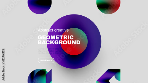 Abstract geometric background features vibrant purple, blue shapes. Minimalist design includes text, button, clean aesthetic.