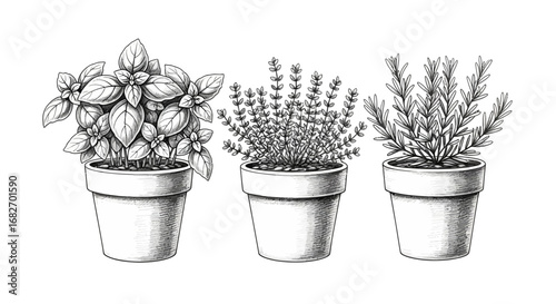 Detailed herb collection with basil, thyme and rosemary in pot illustrations