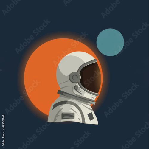 Astronaut Profile in Space with Orange Sun and Blue Planet Illustration