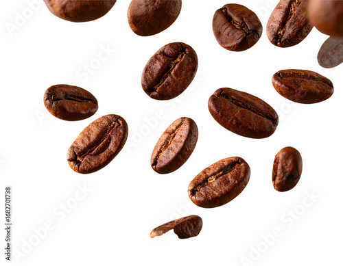  Scattered Coffee Beans in Motion with Depth of Field, Transparent Background