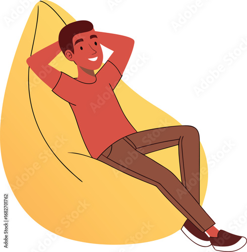 Vector art of a young man relaxing comfortably on a large yellow beanbag chair, with his hands behind his head and a smile on his face