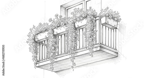 Elegant balcony with cascading flowers sketch architectural design