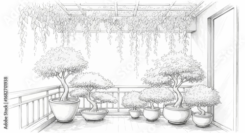 Elegant balcony with bonsai trees and hanging foliage, a tranquil urban escape