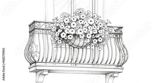 Elegant Balcony Sketch with Cascading Petunias in Wrought Iron Planter