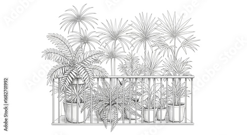 Elegant botanical balcony sketch with potted plants and linear detail