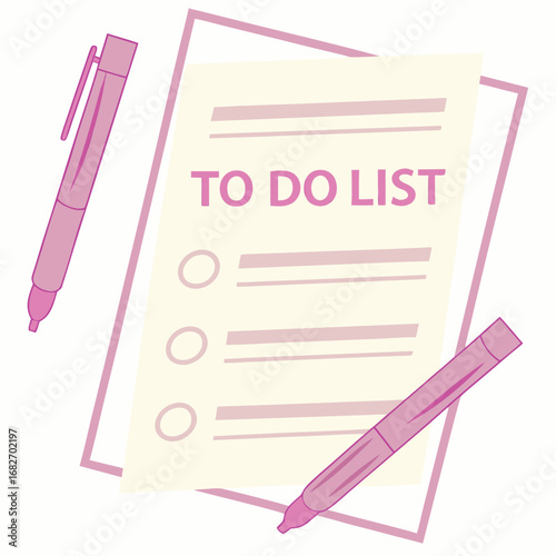 Vector art of pink to do list with checkboxes and pens, organized planning and task management concept