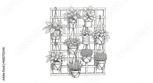 Elegant Hanging Plant Sketch with Lattice Backdrop for Interior Design