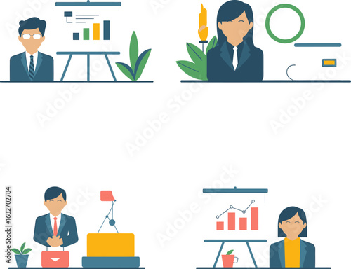 Business professionals presenting data and insights with graphs and charts in a modern setting