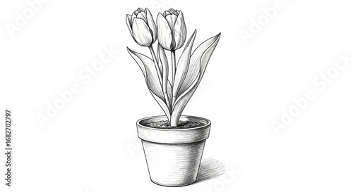 Elegant Monochrome Tulips in Pot, Stylized Floral Arrangement Illustration