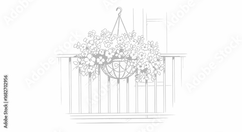 Elegant sketch of a flower-filled hanging basket on a balcony railing